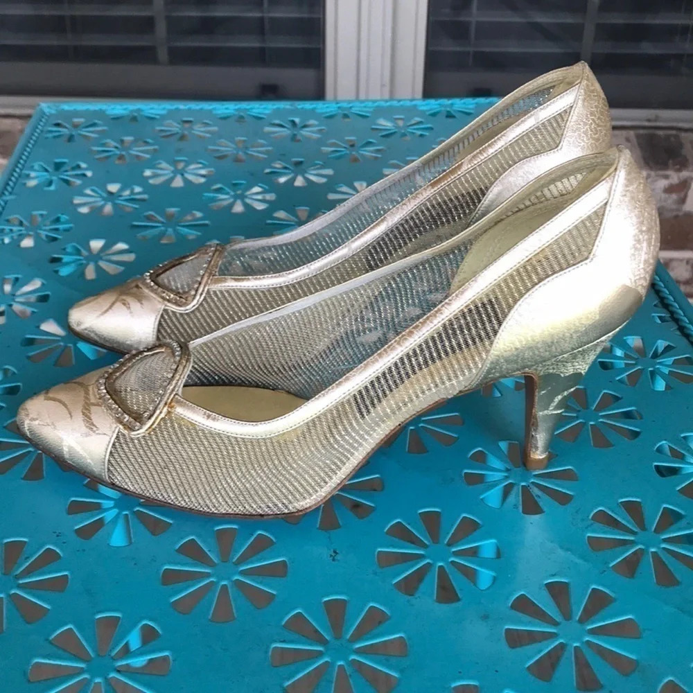 Stuart Weitzman Gold Shimmer Pointed Toe Pumps - image 2